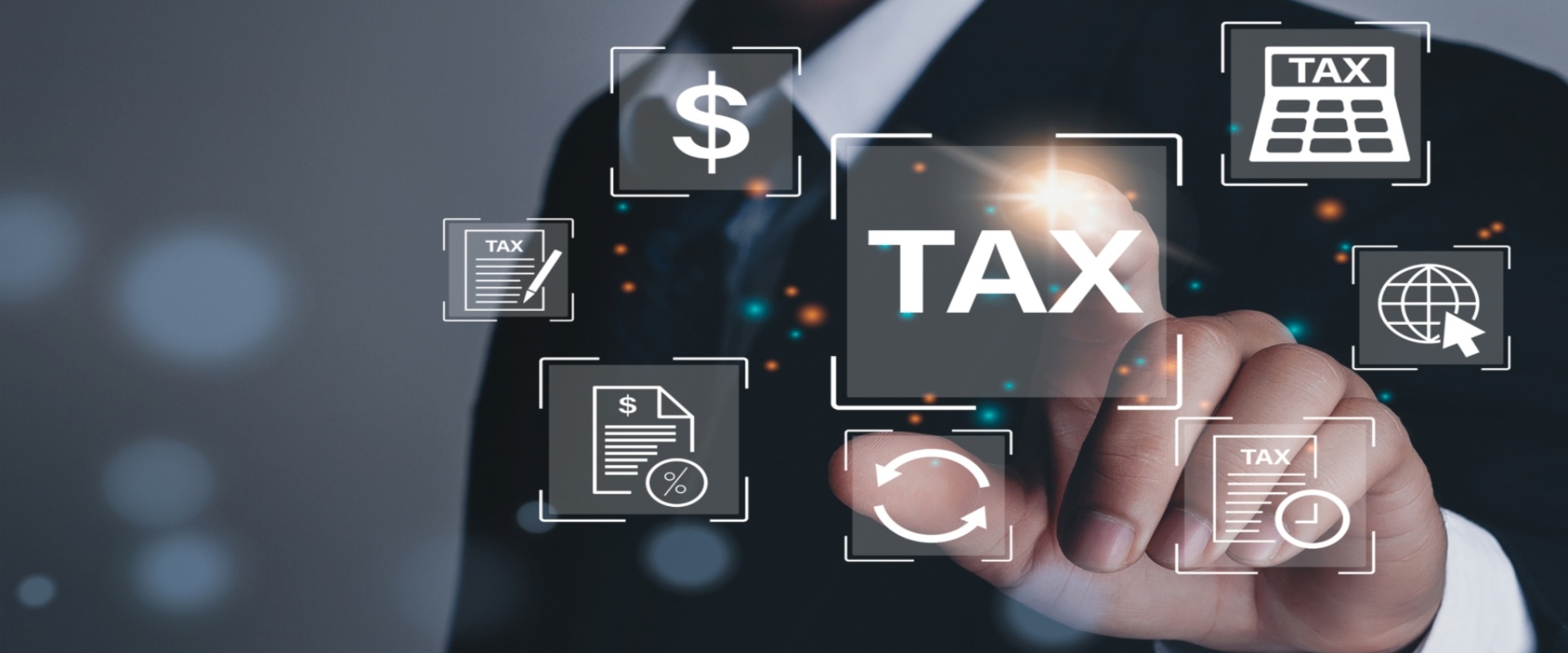Business hand clicks virtual screen to tax return online for tax payment by corporations such as VAT, income tax, and property tax.