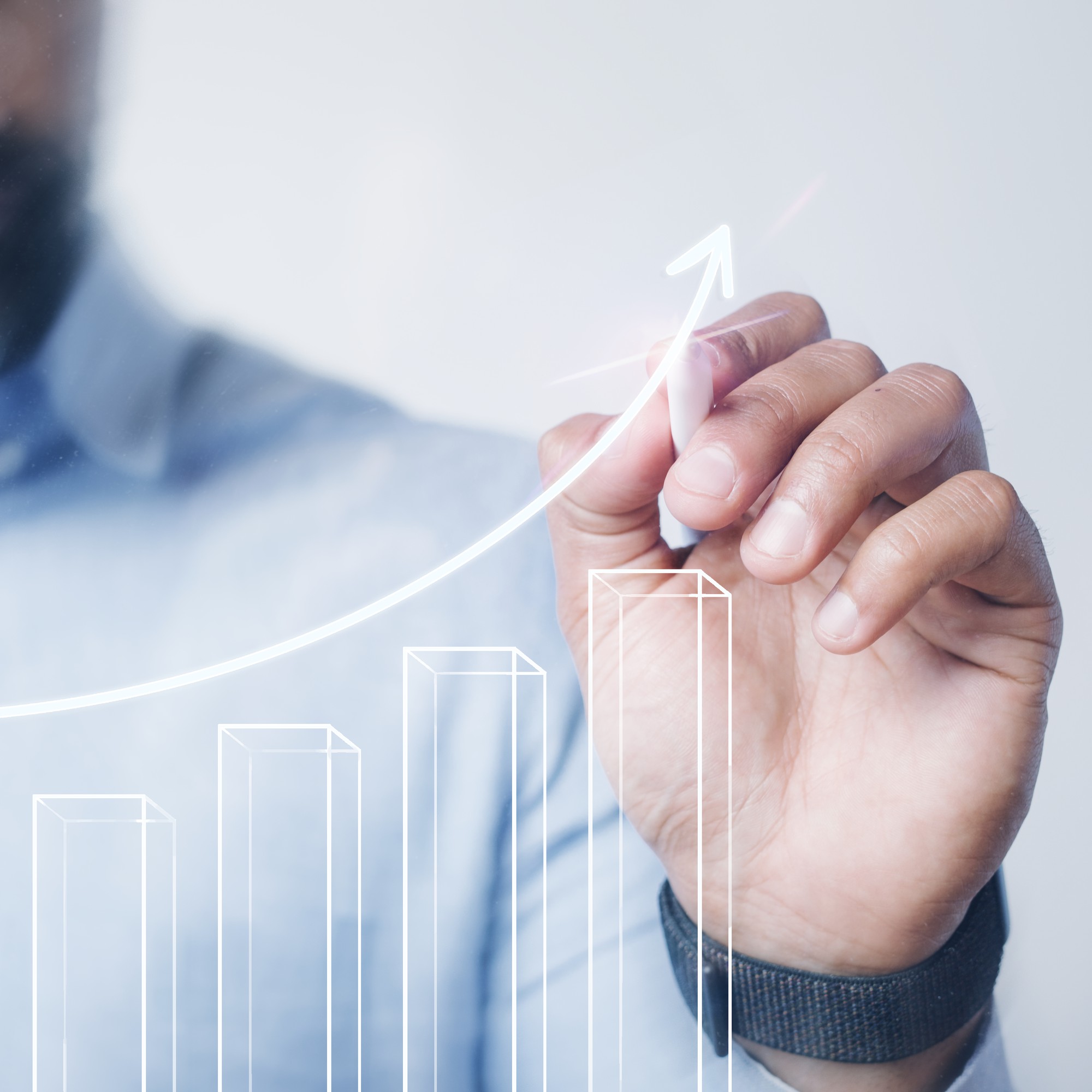 man-giving-bar-graph-presentation-using-high-technology-digital-pen